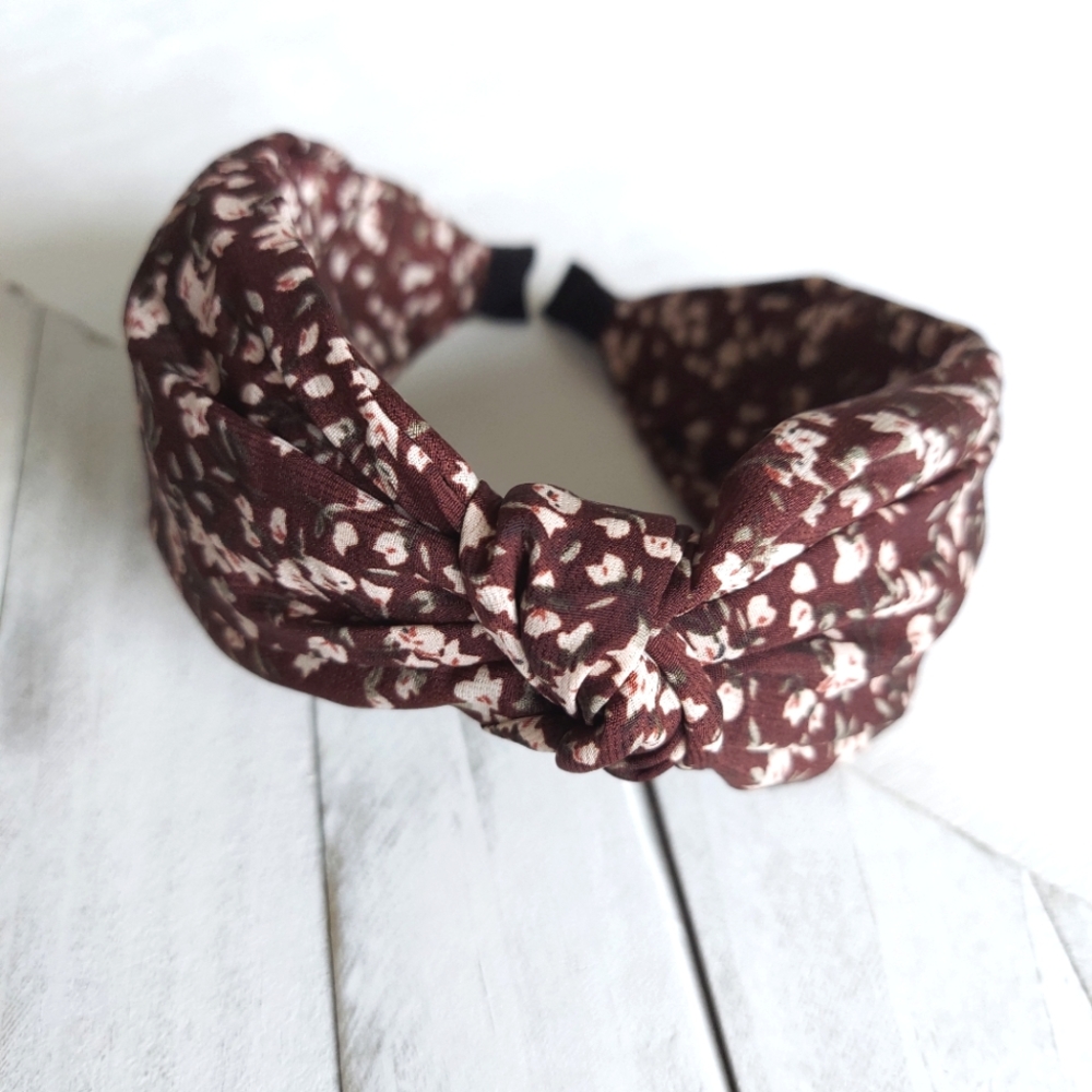 Leah Ditsy Floral Topknot Headband - Brown/Burgundy